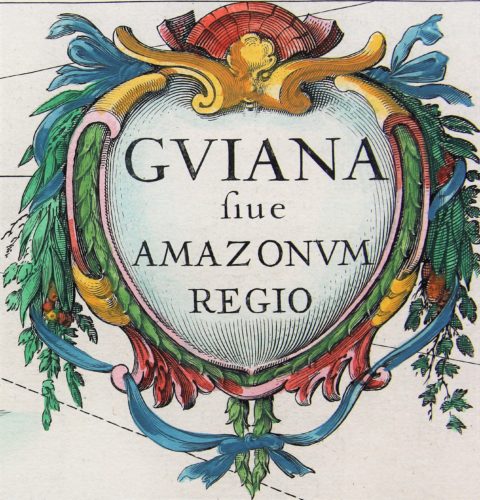 Old map of Guyana with Trinidad and Tobago, Suriname and the mouth of the Amazon River (cartouche) by Willem Blaeu (17th century)