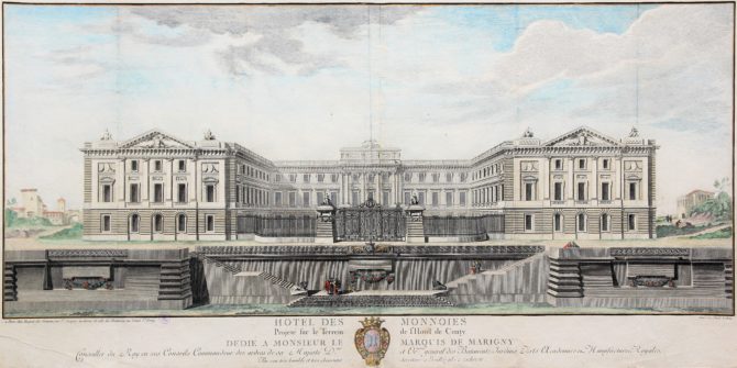 Old large view of the Paris Mint (Hotel des Monnoies) by Claude Poulleau, ca. 1780