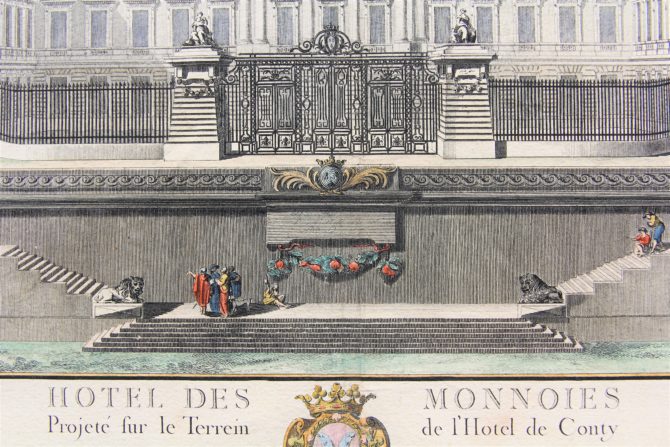 Old large view of the Paris Mint (Hotel des Monnoies) (detail) by Claude Poulleau, ca. 1780