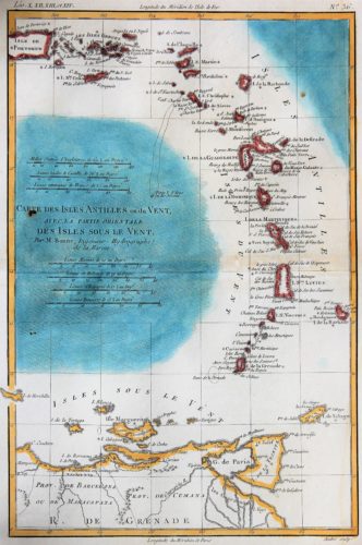 Old 18th century map of The Antilles by Rigobert Bonne