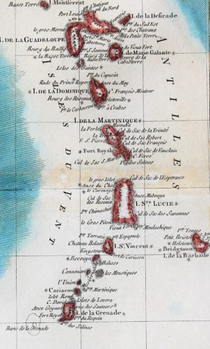 Old 18th century map of The Antilles by Rigobert Bonne (detail of Windward Islands)