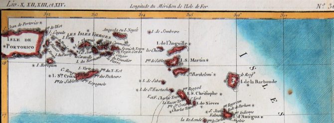 Old 18th century map of The Antilles by Rigobert Bonne (Detatail of Leeward islands)l of