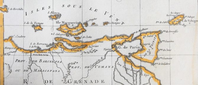 Old 18th century map of The Antilles by Rigobert Bonne (detail of Trinidad and Tobago)