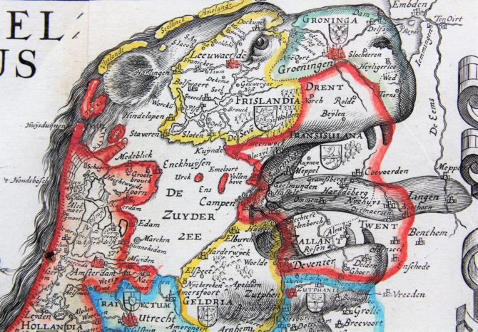 Unique and unrecorded map of the Leo Belgicus by C.J. Visscher, 1641 (detail of North Holland)