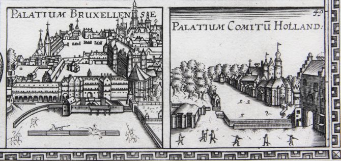 Unique and unrecorded map of the Leo Belgicus by C.J. Visscher, 1641 (courts in Brussels and in The Hague)