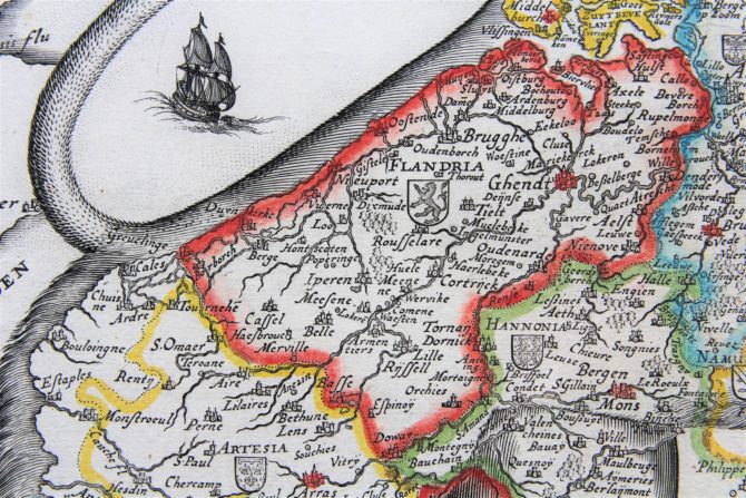 Unique and unrecorded map of the Leo Belgicus by C.J. Visscher, 1641 (detail of Flanders)