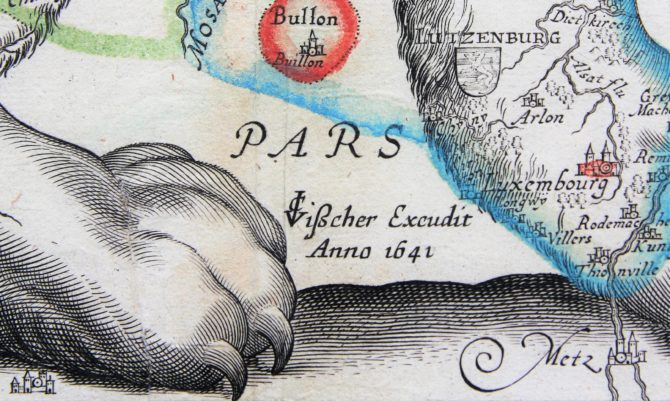 Unique and unrecorded map of the Leo Belgicus by C.J. Visscher, 1641; detail of date