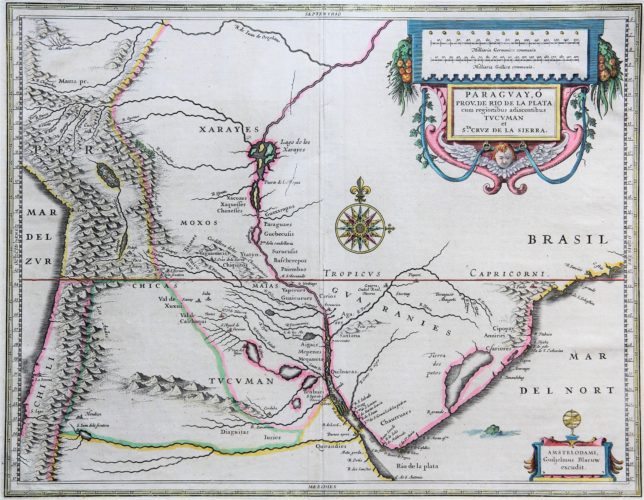 Old map of Paraguay Argentina and Uruguay by Willem Blaeu, 17th century