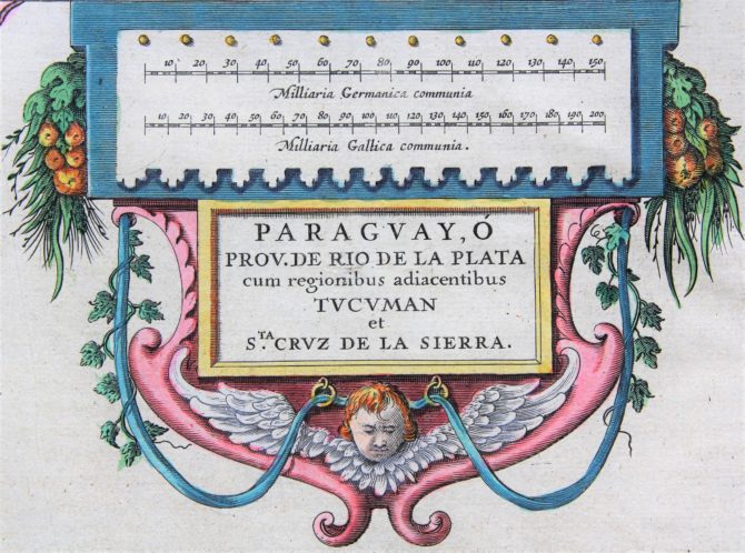 Old map of Paraguay Argentina and Uruguay by Willem Blaeu, 17th century cartouche