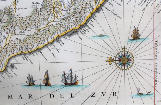 Old map (17th century) of Peru (detail coast) by Joan Blaeu