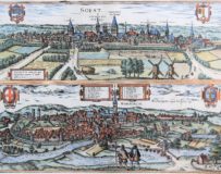 Old map (1With nice coloured initial6th century) of Soest and Warburg by Braun and Hogenberg, 1581/1584