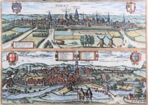 Old map (1With nice coloured initial6th century) of Soest and Warburg by Braun and Hogenberg, 1581/1584