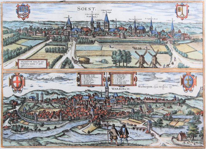 Old map (1With nice coloured initial6th century) of Soest and Warburg by Braun and Hogenberg, 1581/1584