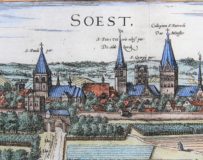Old map (1With nice coloured initial6th century) of Soest and Warburg (zoom of Soest) by Braun and Hogenberg, 1581/1584