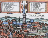 Old map (1With nice coloured initial6th century) of Soest and Warburg (zoom of Warburg) by Braun and Hogenberg, 1581/1584