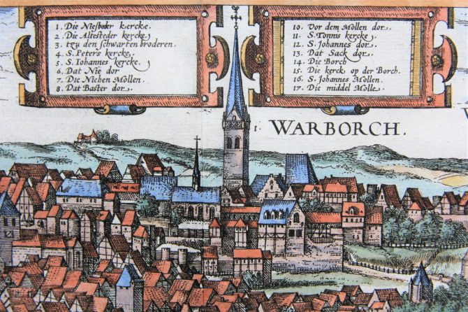 Old map (1With nice coloured initial6th century) of Soest and Warburg (zoom of Warburg) by Braun and Hogenberg, 1581/1584