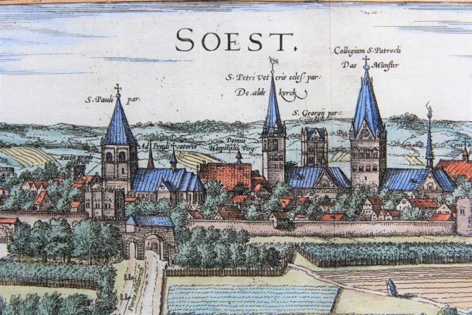 Old map (1With nice coloured initial6th century) of Soest and Warburg (zoom of Soest) by Braun and Hogenberg, 1581/1584