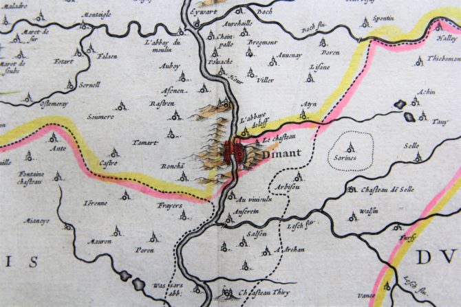 old map (17th century) of Duchy of Namur (detail of Dinant) by Blaeu