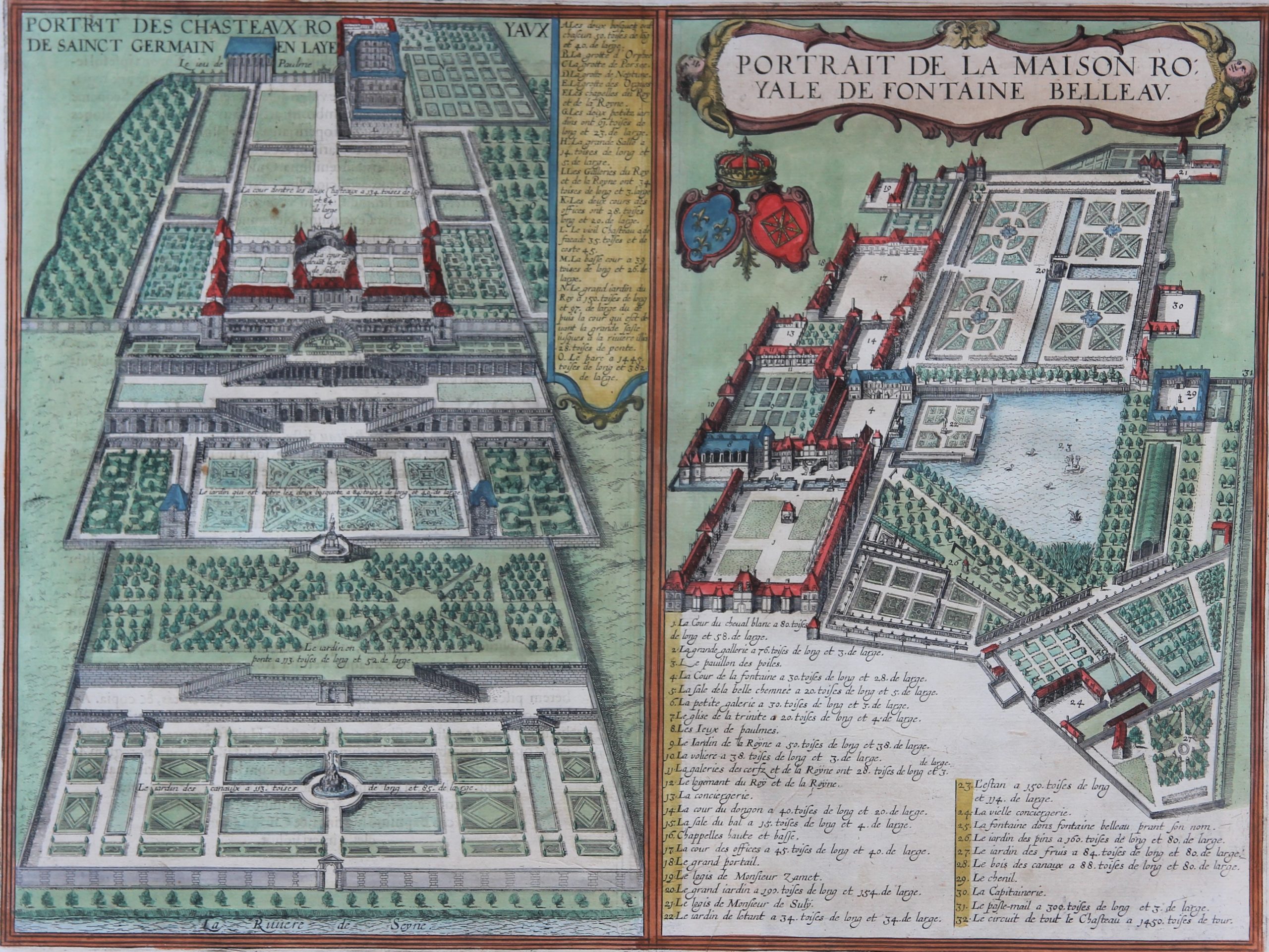 Saint-Germain-en-Laye and Fontainebleau - Portrait des Chasteaux Royaux de  Sainct Germain en Laye and Portrait de la Maison Royale de Fontaine Belleau  by Braun and Hogenberg, 1617 - CartaHistorica