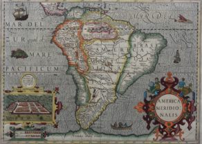 Old original and coloured map of South America with inset of Cusco by Jodocus Hondius