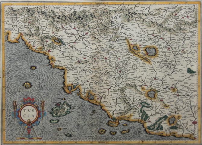 Old original map of Tuscany by Mercator and Jodocus Hondius