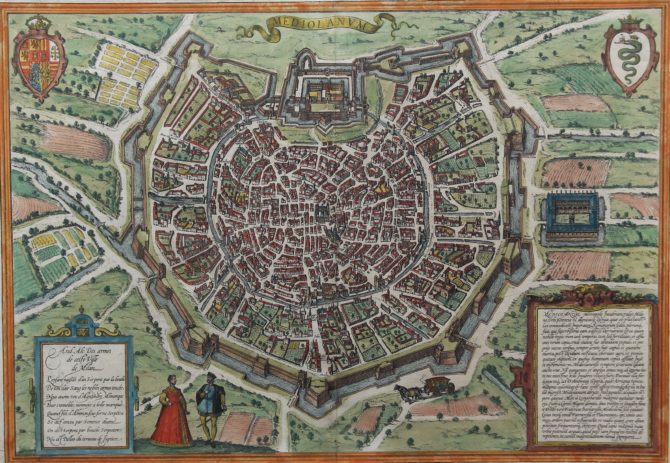 Old original and coloured citymap of Milan by Barun Hogenberg