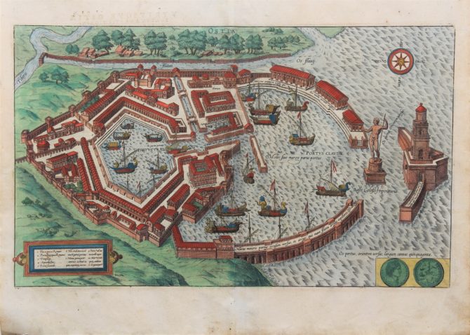 Old original and coloured city plan of the harbour of Portus or Ostia by Braun Hogenberg