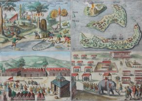 Four views of Mauritius and the Banda islands including Ternate by Orlers 1610