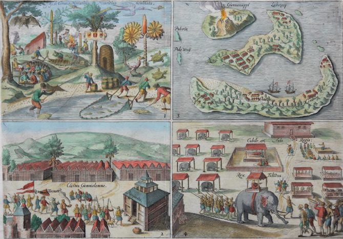 Four views of Mauritius and the Banda islands including Ternate by Orlers 1610