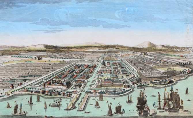 Superb optica view of Batavia by Huquier published in 1755