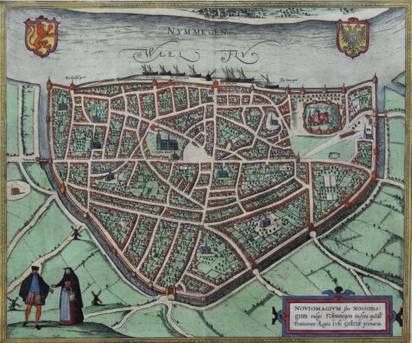 Old coloured view of Nijmegen by Braun and Hogenberg published in 1581