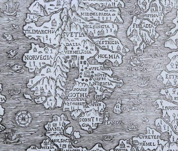 Superb old woodcut map of Scandinavia by Olaus Magnus 1555