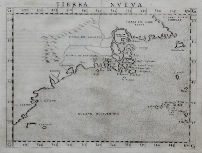 Original old map of Northeastern coast of America by Ruscelli