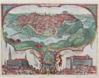 Old original map of Toledo with insets of the cathedral and the Alcazar by Braun and Hogenberg