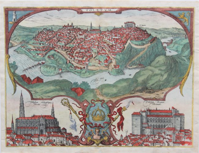 Old original map of Toledo with insets of the cathedral and the Alcazar by Braun and Hogenberg