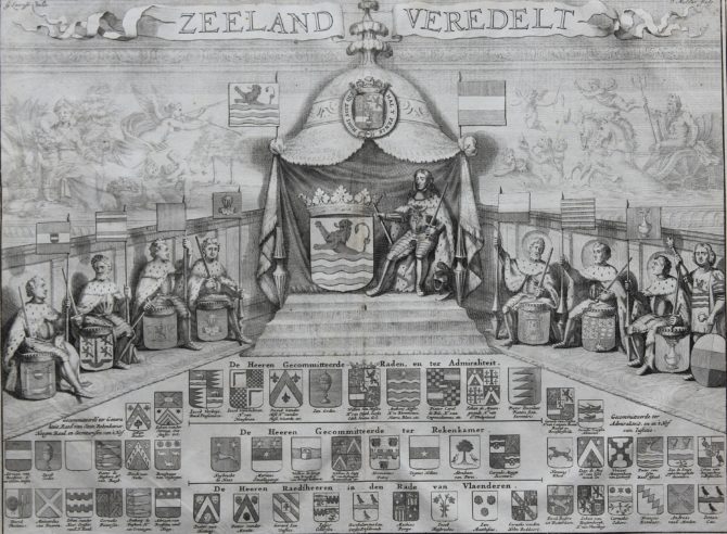 Old interesting view of the arms of Zeeland called Zeeland Veredelt by Smallegange 1696