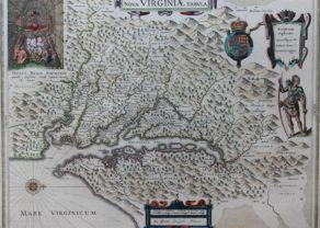 Old map of Virginia with Chesepeake Bay with inset of Pocahontas by Joan Blaeu