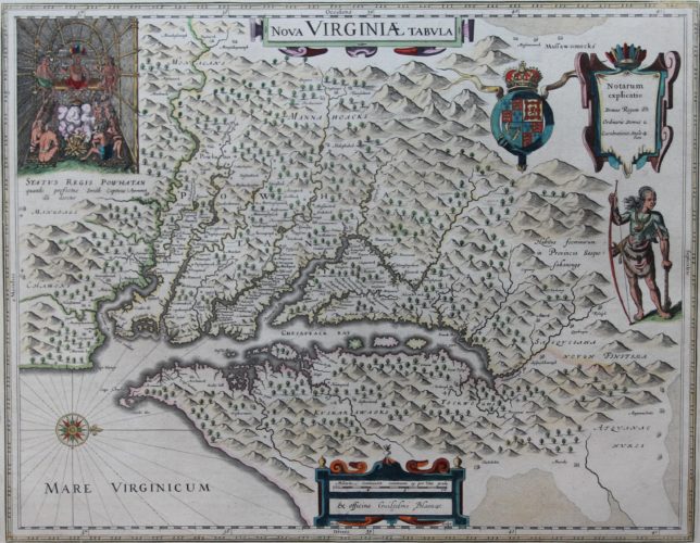 Old map of Virginia with Chesepeake Bay with inset of Pocahontas by Joan Blaeu