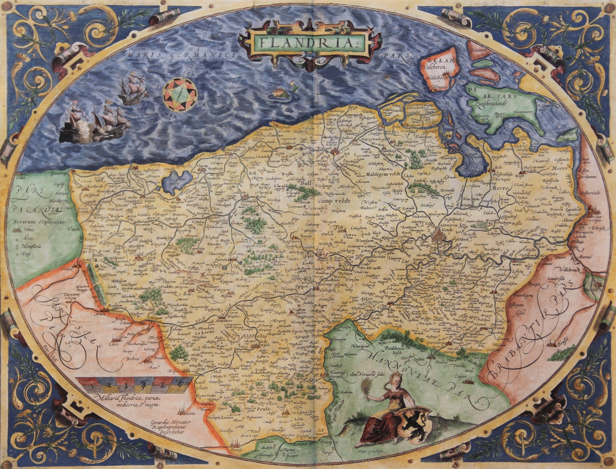 Old map of Flanders in egg form by Ortelius 1570