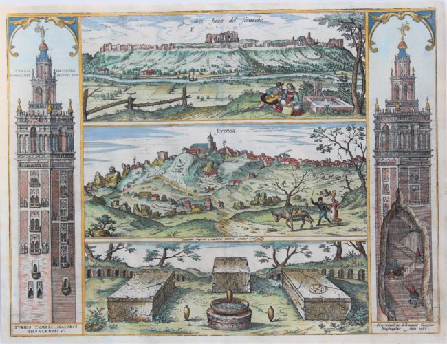 Old view of Seville with Giralda belltowers showing Hoefnagel on a horse mounting the tower. By Braun and Hogenberg 1598