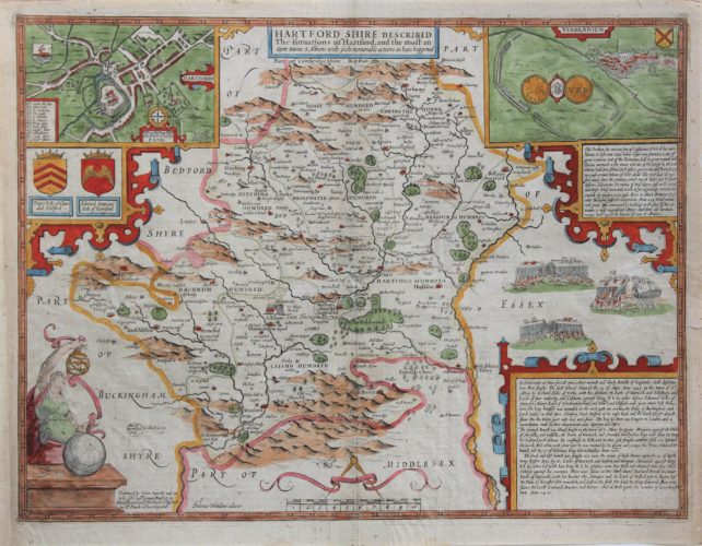 Old map of Hertfordshire, north of London, by John Speed, published in 1676