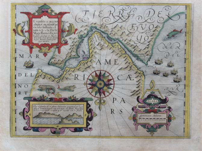 Old original map of the Strait of Magellan by Heijns, published by Hondius