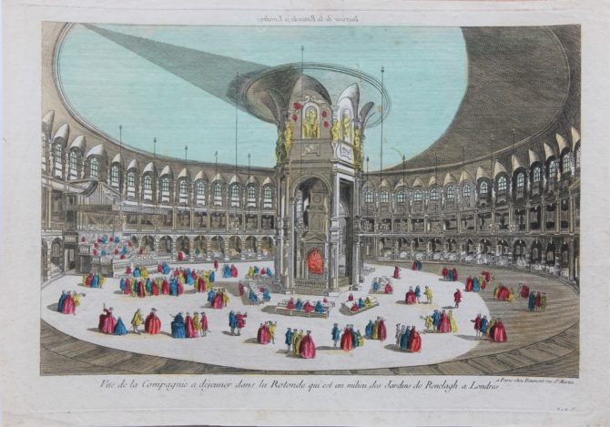 Optica print of the Rotunda in Renelagh Park Chelsea by Daumont in 1750