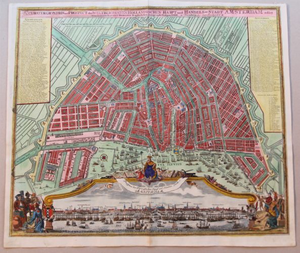 Superb old map of Amsterdam with fantastic inset of frog's view by Homann