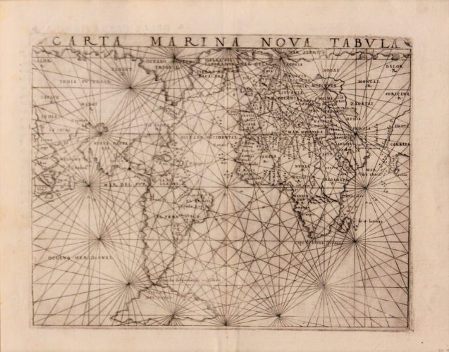 Old black and white world map by Gastaldi with linked continentes, 1548