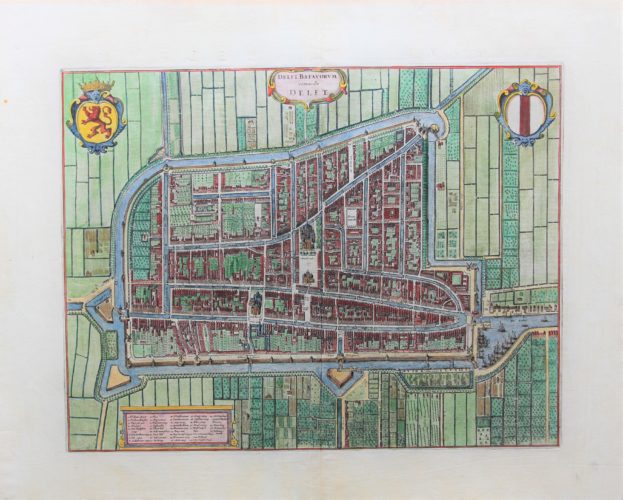 Old original and coloured map of Delft published by Blaeu in his Town Atlas