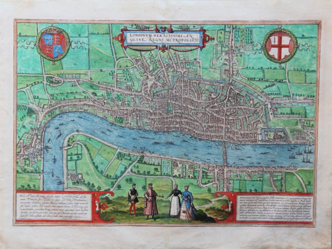 Old original 16th century and colored map of London by Braun and Hogenberg, published in their town atlas