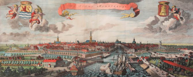 Beautiful large and coloured view of Middelburg by Smallegange of 1696