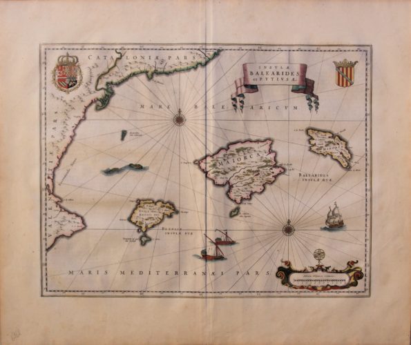 Old original and coloured map of the Baleares Islands by Blaeu