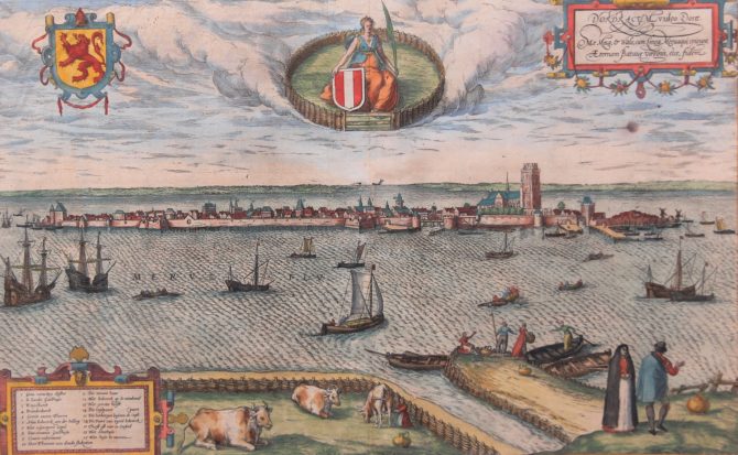 Superb 16th century view of Dordrecht (as an isle) by Braun and Hogenberg